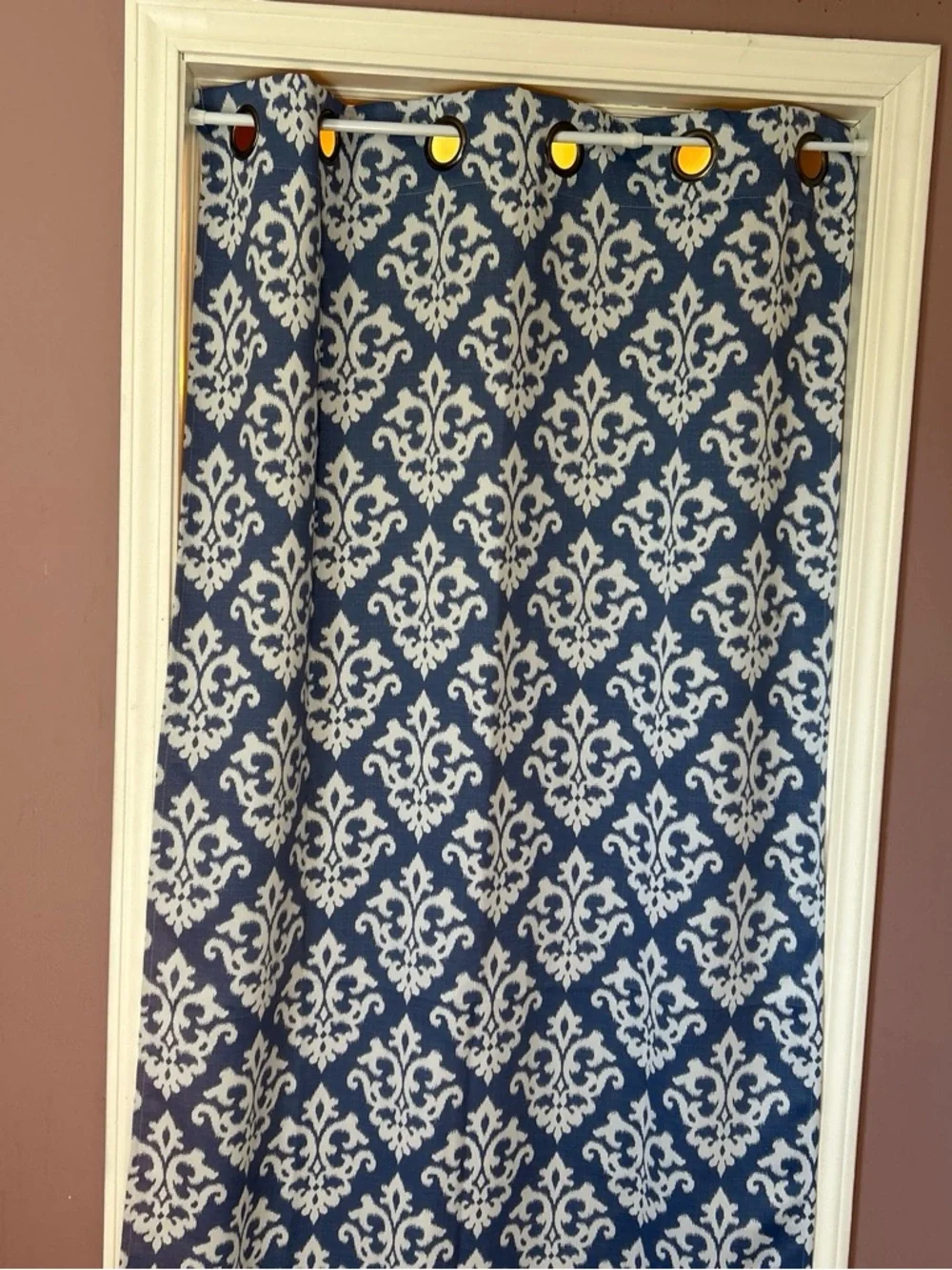 Navy and White Damask Grommet Curtain Panel